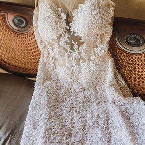 JOVANI - WHITE PEARL SHORT WEDDING/COCKTAIL/PARTY DRESS-SHEAR/NUDE AND WHITE